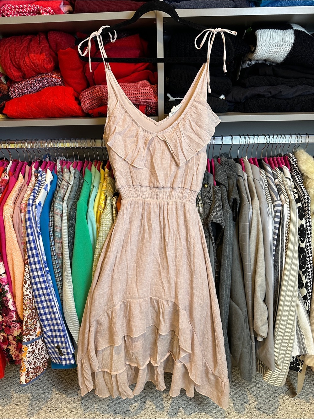 Onetheland blush pink sleeveless smocked waistband lined hi low dress size S
